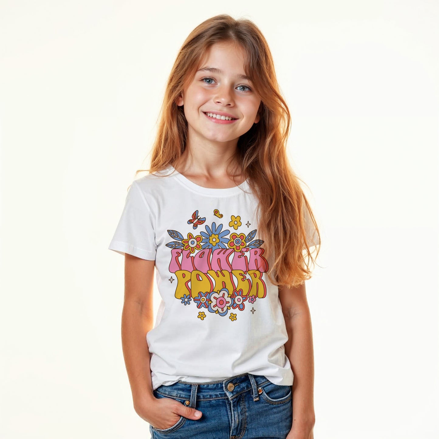 Koszulka w stylu Retro dla dziewczynki „Flower Power” Biała